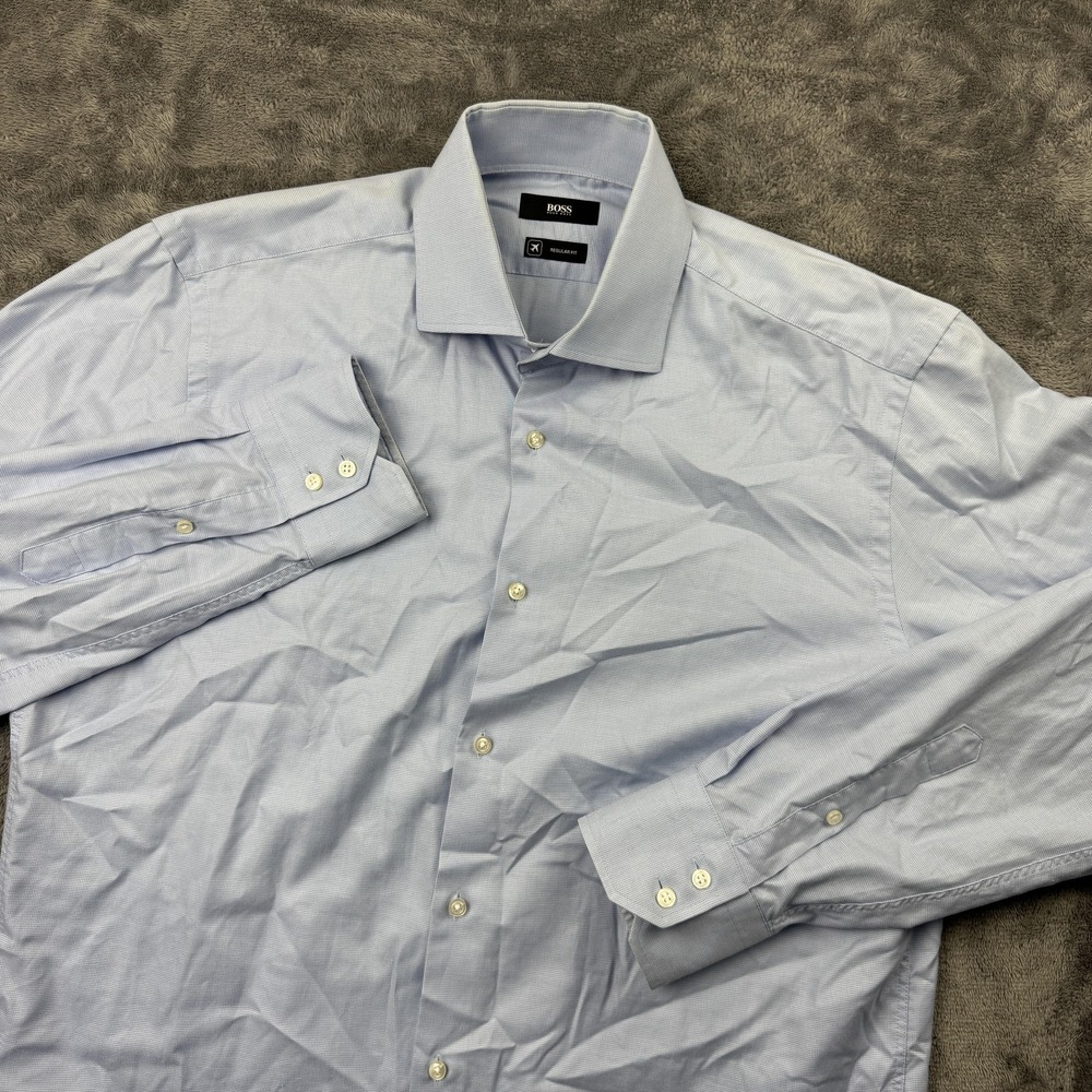 Hugo Boss Button Up Shirt Mens 16 Light Blue Regular Fit Gerald-A-06 Cotton